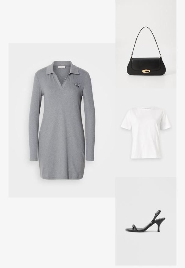 Šedé polo šaty s dlouhým rukávem vyrobené z měkkého materiálu, s výstřihem do V a malým vyšívaným logem na levé hrudi.; Bílý bavlněný tričko s krátkým rukávem, kulatým výstřihem a volnějším střihem. Hladká textura, bez vzorů nebo akcentů, minimalistický design.; Černé kožené sandály na vysokém podpatku s úzkým, zakřiveným podpatkem a designem s překříženými popruhy. Nastavitelný pásek kolem kotníku. Hladký povrch.; Černá kožená kabelka s zakřiveným designem, zlatými akcenty a horním uchem. Vybavena elegantním zavíráním a hladkým povrchem.