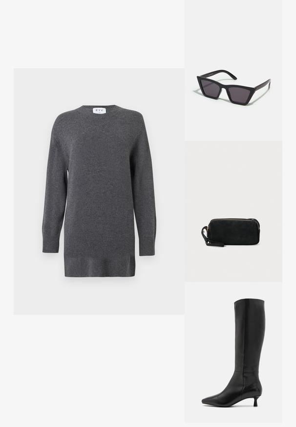 Grauer gestrickter Pullover aus weicher Stoff, mit Rundhalsausschnitt, langen Ärmeln und gerippten Bündchen und Saum. Einfaches und klassisches Design.; Zign Stiefel - black; Schwarze, eckige Sonnenbrille mit grauen Gläsern; aus Kunststoff gefertigt, mit dicken Bügeln, die eine glatte Oberfläche und keine sichtbaren Beschläge haben.; Schwarze Wildleder-Clutch mit einem Reißverschluss und abnehmbarem Handgelenkband. Verfügt über goldfarbene Hardware und eine glatte, matte Oberfläche.