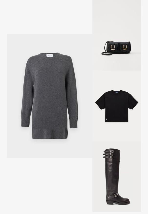 Pulover gri tricotat dintr-un material moale, cu guler rotund, mâneci lungi și mansete și tiv ondulate. Design simplu și clasic.; Tricou din bumbac negru, cu mâneci scurte, guler rotund și un mic logo alb în colțul din stânga jos. Croială clasică, pătrată, cu detalii minime.; Cizmă din piele neagră, până la genunchi, cu vârf rotund, trei curele cu cataramă în partea de sus și un detaliu cu cataramă pe laterale. Talpă plată și textură netedă.; Geantă neagră din piele, tip crossbody, cu două buzunare frontale, catarame aurii, închidere cu fermoar și o curea subțire. Suprafață texturată și formă rectangulară compactă.