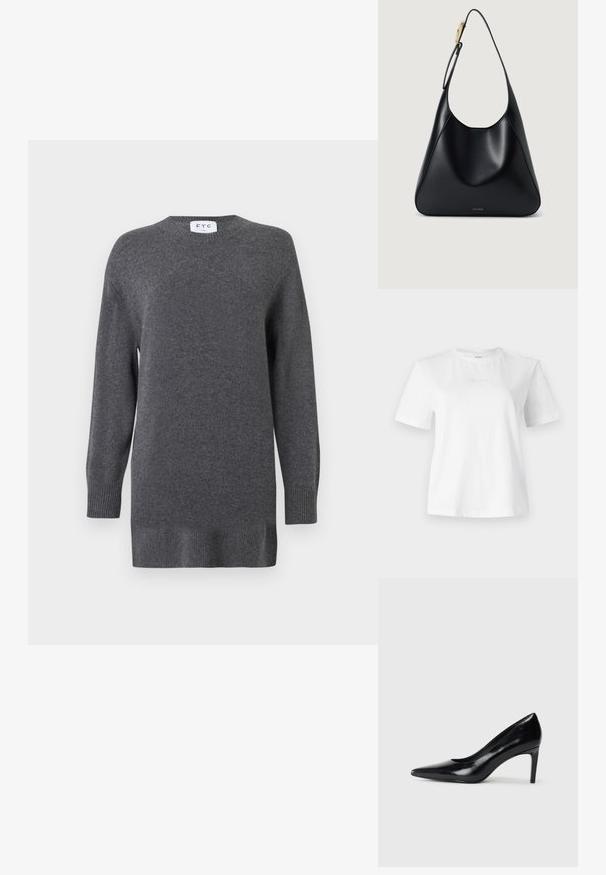 Pulover gri tricotat dintr-un material moale, cu guler rotund, mâneci lungi și mansete și tiv ondulate. Design simplu și clasic.; Tricou alb din bumbac cu mâneci scurte, decolteu rotund și un logo Calvin Klein embosat discret pe față. Textură netedă, croială clasică.; Pantof de damă din piele neagră, cu toc înalt, vârf ascuțit, textură fină și toc conic. Design minimalist, fără embellishments suplimentare.; Geantă de umăr din piele neagră, cu o textură netedă, siluetă curbată și un accent din hardware aurit. Prezintă logo-ul brandului embosat la bază.