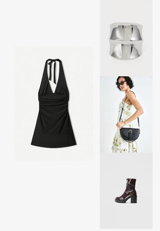 Crna halter haljina s dubokim izrezom, nabrane tijelo i čvorom na vratu. Tkanina je glatka i blago sjajna.; Sjajna burgundska čizma do gležnja s debelim crnim potplatom, koja se odlikuje glatkom teksturom i jednostavnim dizajnom. Nema vidljivih kopčanja ili uzoraka.; Crna kožna torba s lukovitim oblikom, odvojivim remenom i zlatnim detaljima. Torba ima preklop s kopčom.; Srebrna narukvica u obliku prstenja s glatkom, reflektirajućom površinom. Ima zakrivljen dizajn i široku traku, stvarajući moderan, minimalistički izgled.