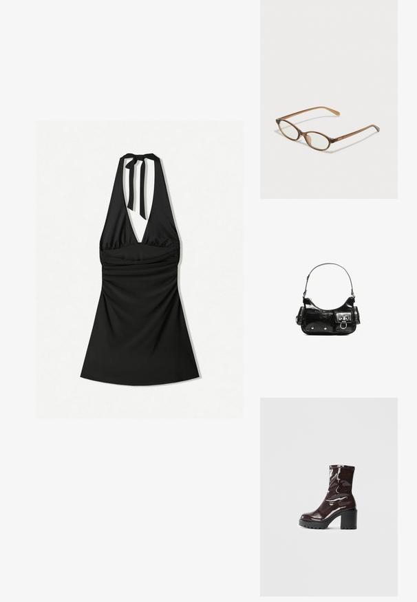 Rochie neagră cu guler halter și decolteu adânc, cu un corp plisat și un șnur la gât. Materialul este neted și ușor lucios.; Botine lucioase burgundy, cu toc gros negru, având o textură netedă și un design simplu. Fără închideri sau modele vizibile.; Ochelari în nuanță de țestoasă maro, cu lentile ovale, brațe subțiri și accente transparente. Prezintă un logo subtil pe tâmplă. Design elegant și ușor.; Geantă de mână din piele lăcuită neagră, cu o formă curbată, un umăr, buzunare frontale și accente din metal argintiu.