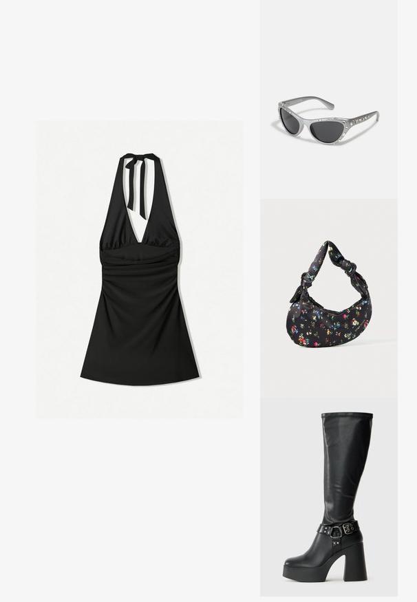 Schwarzes Halterkleid mit tiefem Ausschnitt, gerafftem Oberteil und einer Krawatte am Hals. Der Stoff ist glatt und leicht glänzend.; Schwarze kniehohe Plateau-Stiefel mit glänzender Oberfläche, ausgestattet mit einem breiten Blockabsatz und einem Akzent in Form eines Schnallenriemens am Knöchel.; Silberne Cat-Eye-Sonnenbrille mit dunklen Gläsern, verziert mit klaren Edelstein-Akzenten entlang des Rahmens. Mattes Finish mit geschwungenem Bügeldesign.; Schwarze halbmondförmige Handtasche mit buntem Blumenmuster und geknoteten Griffen, die ein kleines metallisches Logo auf der rechten Unterseite trägt.