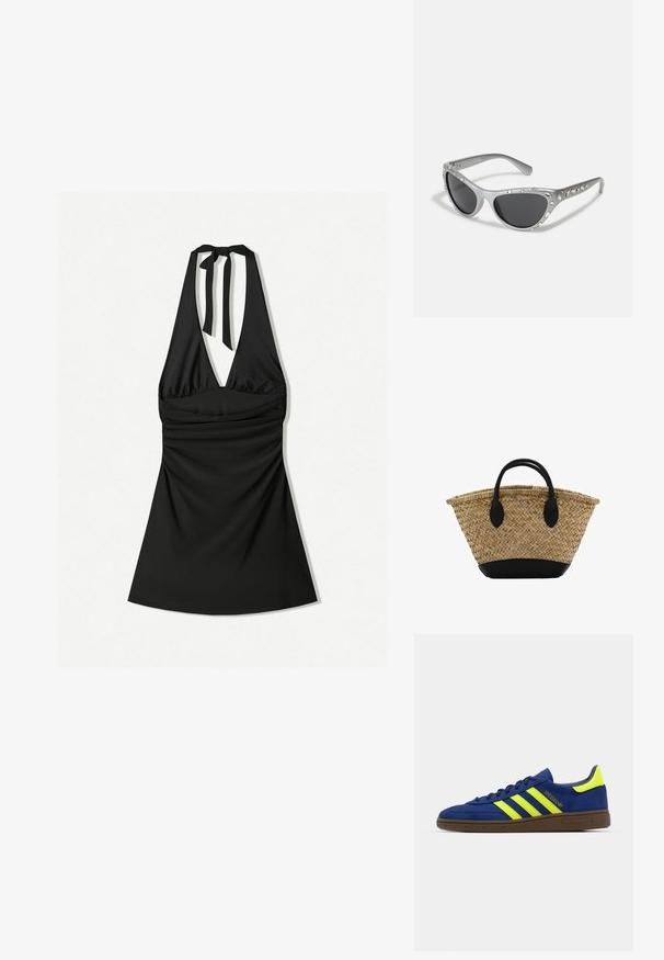 Črna halterneck obleka z globokim izrezom, nagubanem korpusu in zaveznico okoli vratu. Tkanina je gladka in rahlo sijajna.; Modre semiš superge z rumenimi detajli in tremi črtami; imajo rjav gumijast podplat in vezeno blagovno znamko ob strani.; Srebrne mačkaste sončne očala s temnimi lečami, okrašena s prozornimi kamenčki ob okvirju. Mat končnica z ukrivljenim dizajnom tempelj.; Tkana košara iz slame sraslim oblikom, z črnim usnjenim dnom in ročaji. Teksturedne naravne vlaknine z gladkimi črnimi detajli.