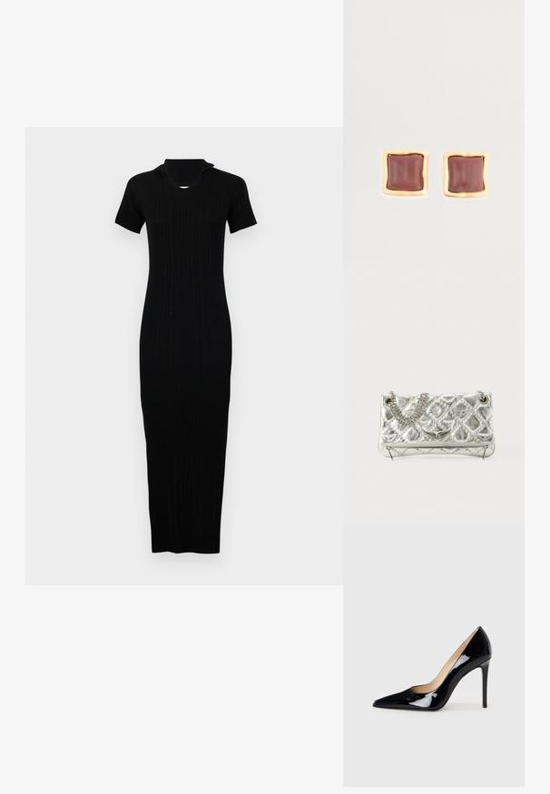 Melnas ribotas adītas kleitas ar pieguļošu siluetu, īsām piedurknēm un diskrētu apkakli. Garš garums ar faktūru auduma apdari.; Melnā lakota ādas augstpapēžu kurpe ar norādītas formas purngalu un elegantu siluetu. Iespēj gludu, spīguļojošu apdari un šauru stiletto papēdi.; Sudraba metāla rokas soma ar ķēdes rokturi, piedāvā baudāmu struktūru, dekoratīvo šuvju un rāvējslēdzēju aizdari. Priekšpusē ir reljefa akcenti.; Kvadrātveida stud auskari ar dziļu burgundijas centru, ko ieskauj zeltainas teksturētas malas. Gluda virsma ar noapaļotām malām.