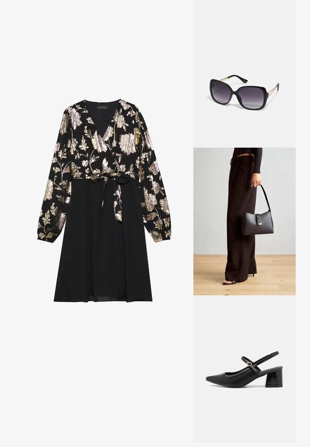 Μαύρο φόρεμα με μακριά μανίκια, διακοσμημένο με χρυσή και ασημί κεντημένη ανθολογία στην επάνω μεριά. Δένει στη μέση με μια απαλή φούστα.; Μαύρα παπούτσια γοβάκια από πατενταρισμένο δέρμα με γωνιαστό μπροστινό μέρος, στρογγυλή κοπή και τετράγωνο τακούνι. Διαθέτουν μια χρυσή αγκράφα ως διακοσμητικό στοιχείο.; Μαύρα υπερμεγέθη γυαλιά ηλίου με κλειστή βαθμίδα φακού, παχιά σκελέτη και λεπτομέρειες από χρυσή αλυσίδα στις βραχίονες του σκελετού.; Μαύρη τσάντα χειρός με δομημένο σχήμα, λεία υφή και μεταλλικό κούμπωμα. Συνδυασμένη με φαρδιά μαύρα παντελόνια και σανδάλια ανοιχτής μύτης πάνω σε ξύλινο πάτωμα.