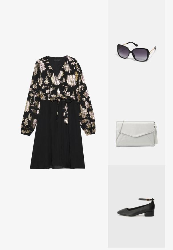 Melnā kleita ar garām piedurknēm, ar zelta un sudraba ziedu izšuvumiem augšdaļā. Jostasvietā sasaista, ar gludu auduma svārku.; Melnas ādas sūkņi ar smailu purngalu un zemu bloku papēdi. Iezīmēts ar potītes siksniņu ar zelta krāsas sprādzi. Gluda tekstūra.; Melni pārmērīgi lieli saulesbrilles ar gradāciju lēcām, biezām rāmja malām un zeltainas krāsas ķēžu detaļām uz tempļiem.; Sudraba sintētiskās ādas maza soma ar aploksnes dizainu, ķēdes siksnu un pušķa detaļu vienā pusē, ar stūrveida šuvēm.