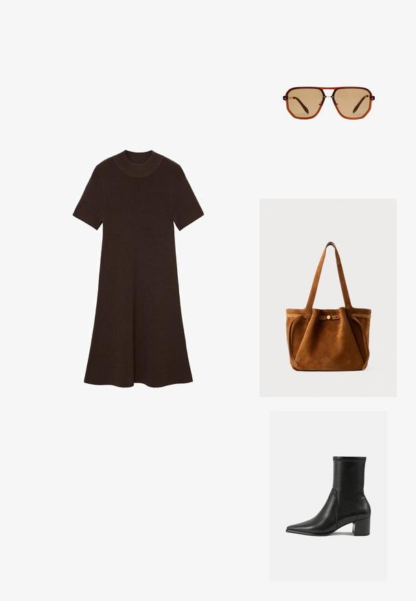 Rjava pletena obleka s kratkimi rokavi, okroglo izrezom in razširjeno silhueto. Teksturo vsebuje ribasto strukturo po celotni obleki.; Črne gležnjarje iz gladkega usnja, z izostrenim nosom, blokastim peto in izrazitim povišanim šivom na zgornjem robu.; Rjave osmerokotne sončne naočale s prozornim amber okvirjem in rjavimi lečami s senco. Imajo kovinski detajl na mostu in vitke temple.; Rjava nubuk torba za ramena z dvema ročajema, z loputo na gumb in sproščenim, rahlo ohlapnim oblikovanjem.