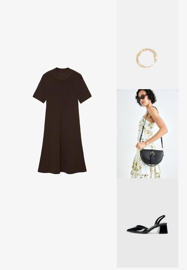 Abito lavorato a maglia marrone con maniche corte, scollatura rotonda e silhouette svasata. Tessuto testurizzato con motivo a coste in tutto l'abito.; Décolleté in vernice nera con punta affusolata e tacco in geometria cubica. Presentano un design elegante e minimalista, con una texture liscia.; Borsa a tracolla nera in pelle con una forma curva, manico rimovibile e accessori dorati. La borsa presenta una patta con un dettaglio a fibbia.; Anello in tono oro con un design organico e Twisted, caratterizzato da una superficie liscia e punte affusolate, che crea un aspetto moderno e scultoreo.