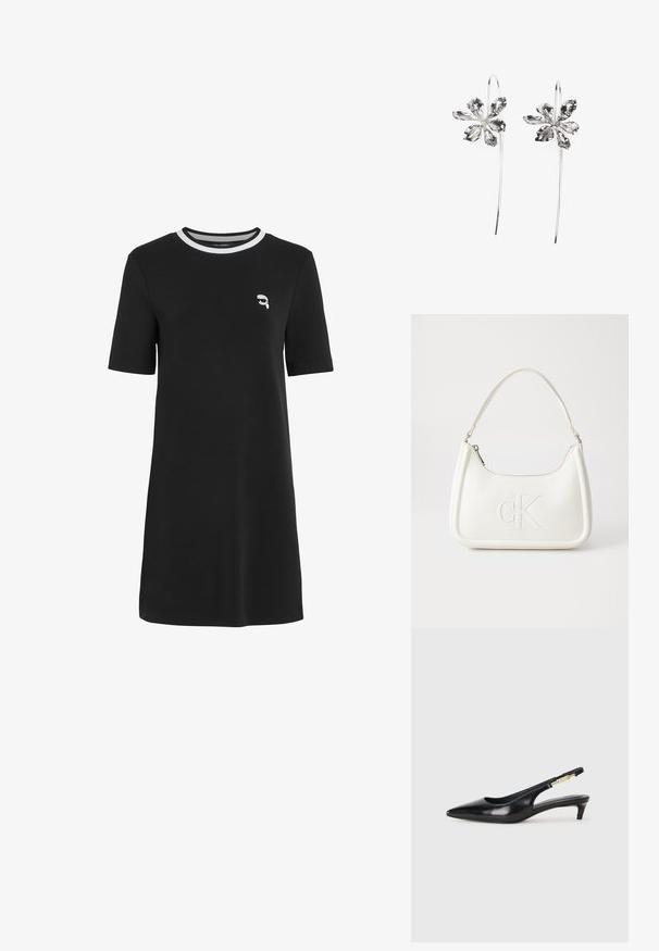Svart kortermet kjole laget av bomull med rund hals, med en hvit aksentstripe og et lite brodert design på brystet.; Sorte lærreim hæler med spiss tå, som har en slank hæl og en gullfarget detalj på den justerbare stroppen. Glatt tekstur.; Hvit lærveske med en buet fasong, med et preget "CK"-logo på forsiden og en enkel skulderstropp. Glidelåslukking på toppen.; Sølvblomstformede ørevipper med en teksturfinish, der har lange kroker og kronbladlignende detaljer for et intrikat design.