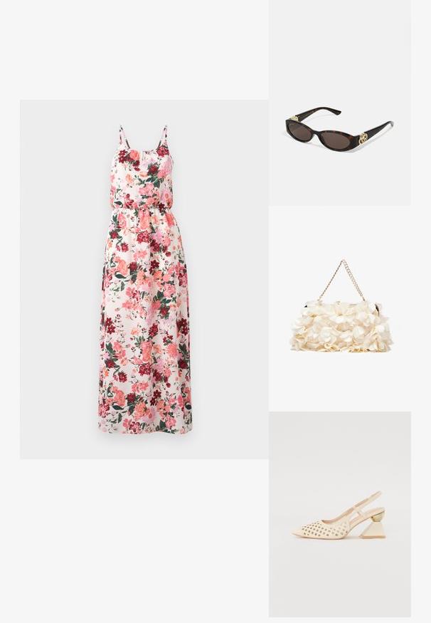 Floral maxi dress in lightweight fabric featuring a pastel background with pink, red, and green patterns, adjustable spaghetti straps, and an elastic waist.; Beige slingback shoe with perforated upper, pointed toe, and a contrasting triangular heel featuring a gold accent. Smooth texture overall.; Tortoiseshell sunglasses with elongated oval lenses, brown tint, gold logo accents on temples, and sleek black arms.; White floral handbag with a gathered fabric surface, gold-tone chain strap, and metal clasp. Features textured petals for added detail.
