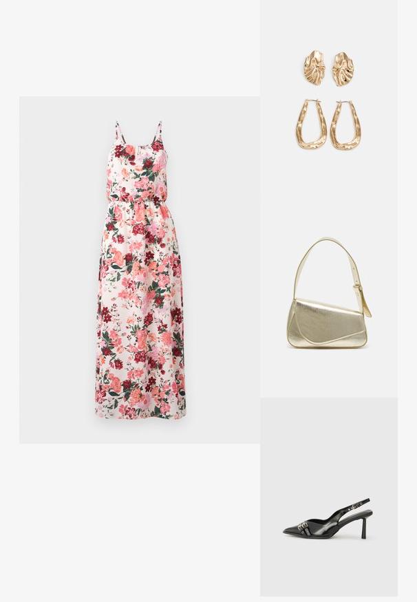 Blommig maxiklänning i lätt material med en pastellbakgrund och mönster i rosa, rött och grönt, justerbara spaghetti-remmar och elastisk midja.; Svart lackläder slingbacksko med spetsig tå, ankelremmar med silverfärgade spännen och detaljer samt en smal klack.; Guldfärgad metallhandväska med en strukturerad design, slät textur och justerbar rem. Har en unik triangulär form och minimalistisk sömnad.; Örhängen i guldton med texturerade, vågiga former. Inkluderar skulpturala clip-on-stift och öppen hoop-design med hamrad finish.