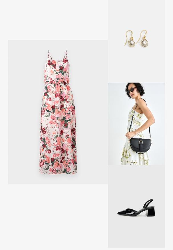 Blumenkleid in langer Form aus leichtem Stoff mit einem pastellfarbenen Hintergrund und Mustern in Rosa, Rot und Grün, verstellbaren Spaghettiträgern und einem elastischen Bund.; Schwarze Lackleder-Slingback-High Heels mit spitzem Schuh und einem geometrischen Blockabsatz. Verfügt über ein schlankes, minimalistisches Design und eine glatte Textur.; Schwarze Lederhandtasche mit geschwungener Form, abnehmbarem Tragegurt und goldenen Beschlägen. Die Tasche verfügt über einen Deckel mit einer Schnallen-Details.; Goldfarbene Ohrringe mit ovalen klaren Kristallen, die von kleineren klaren Steinen umgeben sind, und einem Haken-Design für sicheren Halt.
