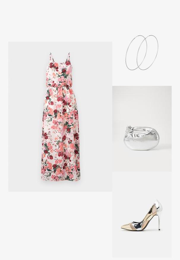 Floral maxi jurk van lichte stof met een pastelachtergrond en roze, rode en groene patronen, verstelbare spaghettibandjes en een elastische taille.; Puntige hoge hak schoenen met een zilver, goud en nude kleurenschema. Glanzende afwerking met uitsnijdingen en een stiletto hak.; Zilveren metalen pouch bag met een zachte, afgeronde vorm en een geknoopte sluiting aan de bovenkant. Gemaakt van soepel faux leren materiaal.; Zilveren hoepel oorbellen met een minimalistisch ontwerp. Cirkelvormig, gladde textuur en dun profiel. Lichtgewicht met een gepolijste afwerking.