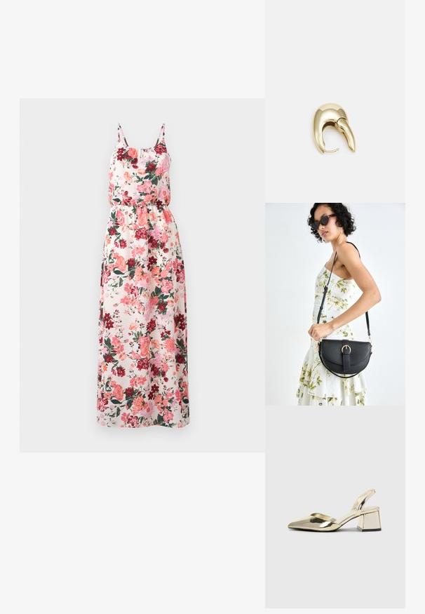 Gėlėta maksi suknelė iš lengvos medžiagos su pasteliniu fonu, raudonų, rožinių ir žalių raštų, reguliuojamomis petnešėlėmis ir elastingu juosmeniu.; Auksiniai, metaliniai slingback aukštakulniai bateliai su smailiu pirštu ir masyviu kulnu. Lygus paviršius, minimalizmo dizainas ir siaura juostelė.; Juodas odinis krepšys su išlenkta forma, nuimamu dirželiu ir auksiniais detalėmis. Krepšys turi kilpą su sagtimi.; Aukso tono metalinės auskarai su stilingu, kreiviu dizainu. Išsiskiria ryškiu smailiu pavidalu, poliruota paviršiumi ir užsegimu su vyriu.