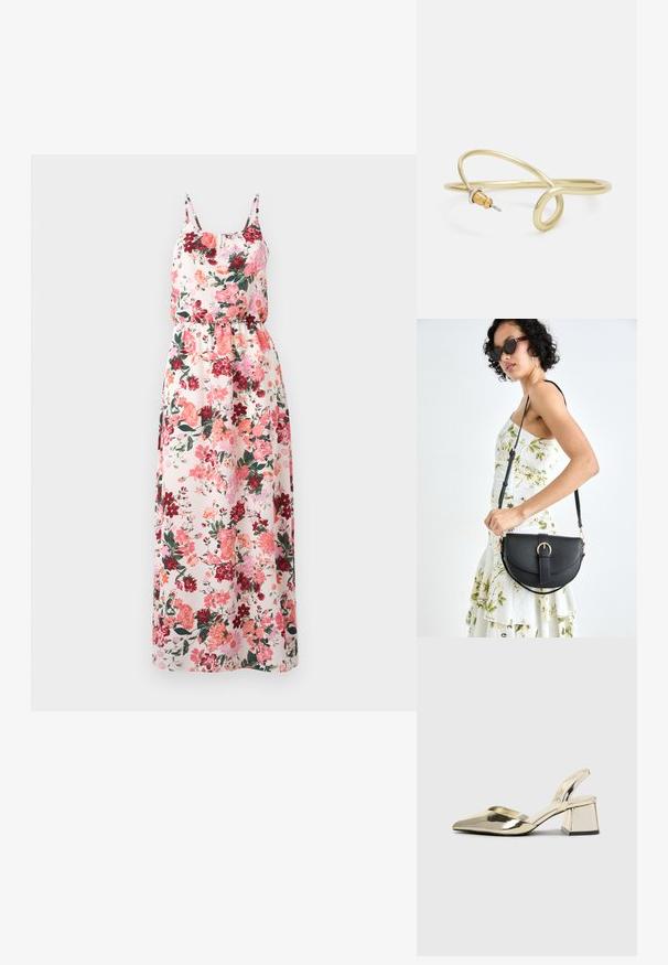 Ziedu maksi kleita no viegla auduma ar pasteļto fonu, uz kura ir rozā, sarkani un zaļi raksti, regulējami smalki plecu siksnas un elastīga josta.; Zeltaini, metāla kurpes ar siksniņām, norakans purngalis un masīla papēdis. Gluda tekstūra, minimālisma dizains un šaura siksna.; Melnas ādas rokassoma ar izliekta formu, noņemamu siksnu un zelta aksesuāriem. Somai ir vāciņš ar sprādzes detaļu.; Zelta krāsas metāla aproce ar šķidrām, viļņveidīgām formām. Vienā galā ir neliels, izteikts sudraba krāsas akcents.