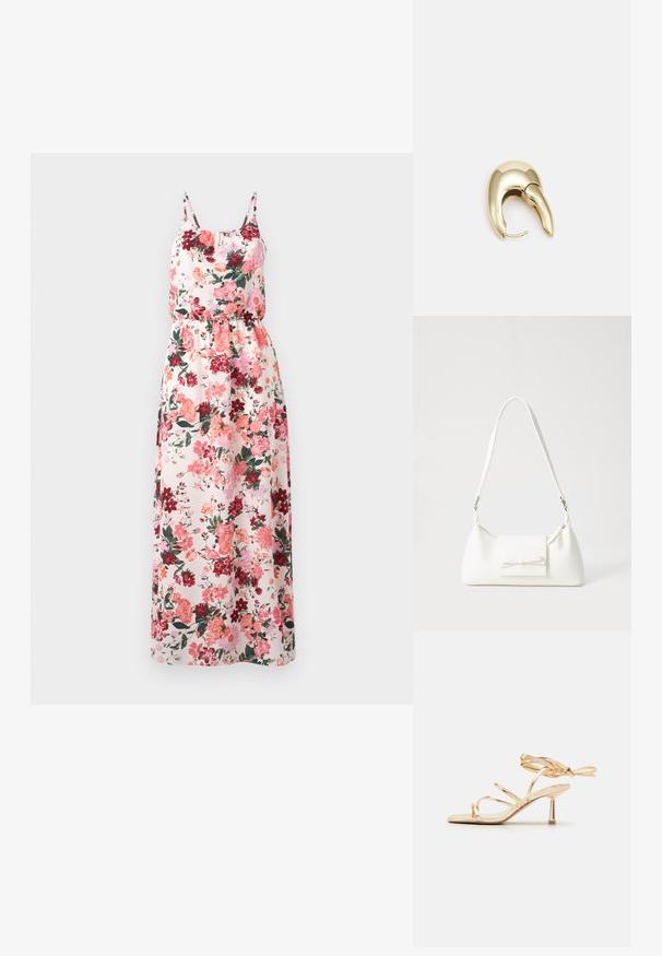 Blomster maxi-kjole i lett stoff med et pastel bakgrunn og mønster i rosa, rød og grønn, justerbare spagettistropper og elastisk midje.; Gylden sandaler med høye heler, med en elegant design, tynne stropper, ankelbinding og en minimalistisk metall-helt. Glatt tekstur.; Hvit syntetisk håndveske med trekantet form, flat klaff foran og sløyfe detaljer, justerbar stropp, glatt tekstur og minimalistisk design.; Gullfarget metalløredobber med et elegant, buet design. Har en karakteristisk spiss form, polert overflate og hengsel-lukking.