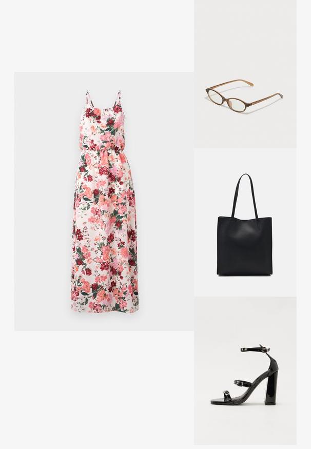 Blumenkleid in langer Form aus leichtem Stoff mit einem pastellfarbenen Hintergrund und Mustern in Rosa, Rot und Grün, verstellbaren Spaghettiträgern und einem elastischen Bund.; Schwarze patentierte Sandalen mit Absatz, quadratischer Spitze, Knöchelriemen und silbernen Schnallen. Mit einem stabilen Blockabsatz für mehr Stabilität.; Braune Schildpatt-Brille mit ovalen Gläsern, dünnen Bügeln und transparenten Akzenten. Verfügt über ein dezentes Logo am Bügel. Elegantes, leichtes Design.; Schwarze Laptoptasche aus Leder mit glatter Textur, rechteckiger Form und zwei langen Griffen. Keine sichtbaren Beschläge oder Verzierungen.