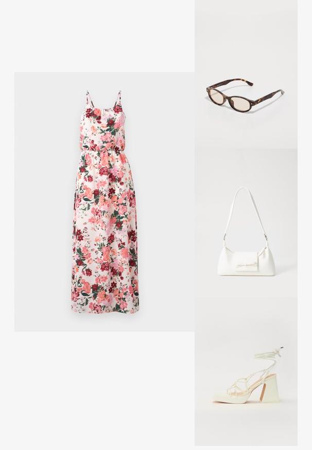 Vestuário maxi floral em tecido leve, com fundo pastel e padrões em rosa, vermelho e verde, alças de espaguete ajustáveis e cintura elástica.; Sandálias brancas de salto alto com um salto robusto, apresentando um design com tiras e amarração no tornozelo. Textura suave com uma plataforma na frente para altura adicional.; Óculos de sol em padrão tartaruga com formato arredondado e lentes claras. Apresentam hastes robustas com pequenos detalhes em dourado, feitos de material plástico.; Mala sintética branca com formato triangular, aba frontal plana e detalhe de laço, alça ajustável, textura suave e design minimalista.