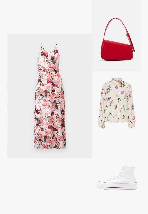 Rochie maxi floral dintr-un material ușor, având un fundal pastelat cu modele în nuanțe de roz, roșu și verde, bretele ajustabile și talie elastică.; Bluză florală cu mâneci lungi și puff, bază de crem deschis, cu modele florale în nuanțe de violet, portocaliu și verde, și design cu guler clasic.; Adidași albi tip pantofi sport cu glezna din pânză, cu talpă din cauciuc negru, capac de vârf din cauciuc frontal și șase ochiuri pentru șireturi, având un design curat și minimalist.; Geantă de mână din piele roșie, cu un design unghiular și geometric. Dispune de o singură curea ajustabilă și un sistem de închidere cu clapetă, cu detalii cusute.