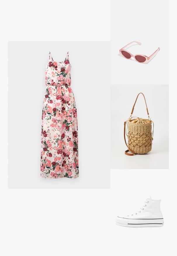 Robe maxi florale en tissu léger avec un fond pastel et des motifs roses, rouges et verts, des bretelles spaghetti ajustables et une taille élastique.; Baskets montantes en toile blanche avec semelle en caoutchouc noir, capuchon en caoutchouc à l'avant, et six œillets pour les lacets, présentant un design épuré et minimaliste.; Lunettes de soleil transparentes roses avec des verres ovales, teintés d'un rouge foncé, et des branches fines, présentant une finition lisse et des détails subtils sur la monture.; Even&Odd STRAW - Sac bandoulière - beige