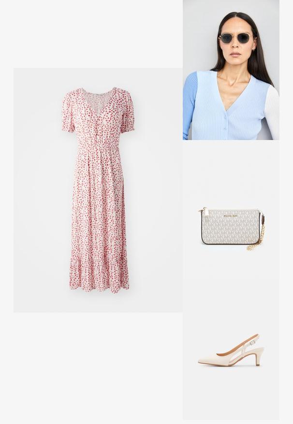 Valge lilleline maxi kleit väikeste punaste lilledega, V-avaga kaelus, lühikesed puhvvarrukad ja kogutud vöökoht. Omab volangiga ääret.; Valge slingback konts, terava ninaga, siledast ülemisest materjalist, madala ploki kontsaga ja külgse nähtavusega ning reguleeritava pandla rihmaga.; Ringikujulised prillid tumedate läätsede ja kullast raamiga. Mudel on selga pannud helesinise soonikuga kardigani, millel on nupud ja kontrastsed valged varrukad.; Michael Korsi randmevõru beige kaetud kangast, millel on korduv MK logo muster, kuldne riistvara ja eemaldatav ahelistrap.