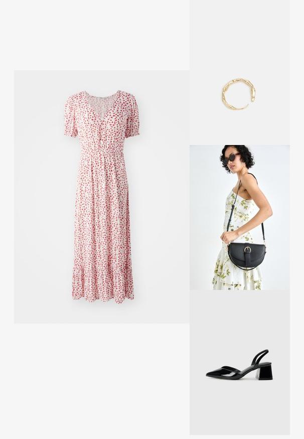 Blomstret maxi kjole i hvid med små røde blomster, V-udskæring, korte puffærmer og en gathered talje. Har en flæset kant.; Sorte patentlæder slingback hæle med spids tå og en geometrisk blok hæl. Har et elegant, minimalistisk design og en glat tekstur.; Sort læderhåndtaske med en buet form, aftagelig rem og guldfinish. Tasken har en klap med en spænde detalje.; Guld-tone ring med et organisk, snoet design, glat overflade og affasede ender, hvilket skaber et moderne, skulpturelt udseende.