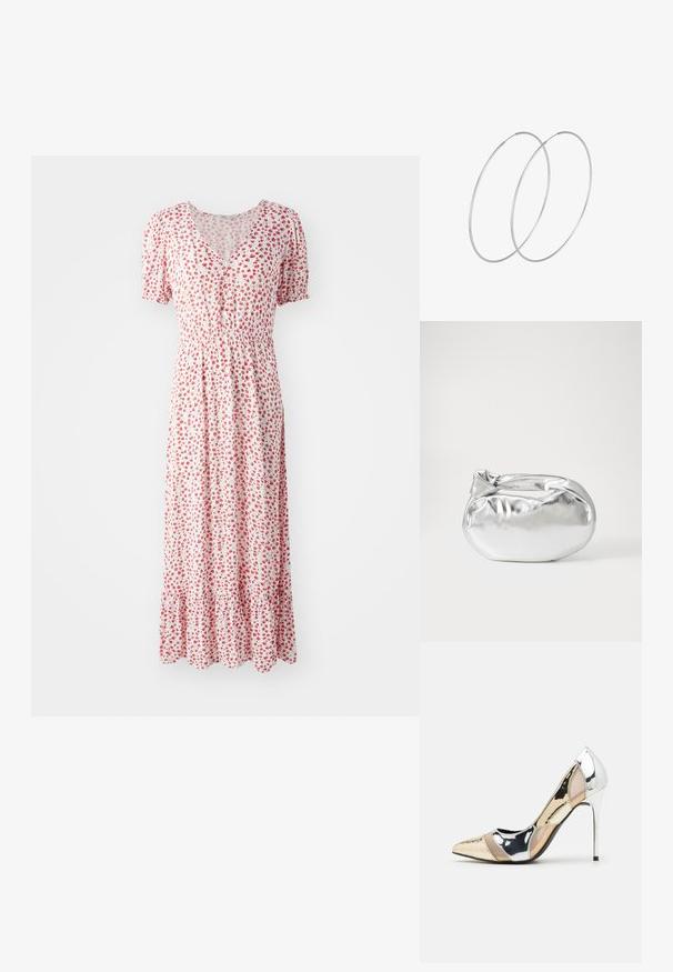 Blomstret maxi kjole i hvid med små røde blomster, V-udskæring, korte puffærmer og en gathered talje. Har en flæset kant.; Spidse højhælede sko med et farveskema i sølv, guld og nude. Blank finish med udskæringsdesign, der har en stilletto hæl.; Sølvmetallic pose med en blød, rund form og en knyttet lukning foroven. Fremstillet af glat faux lædermateriale.; Sølvøreringe med et minimalistisk design. Cirkulær form, glat tekstur og tynd profil. Letvægtige med en poleret overflade.