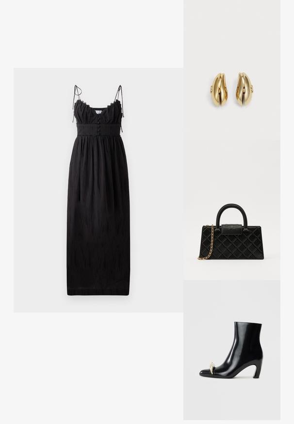 Musta maksimekko, jossa on ohuet säädettävät hihnat, röyhelökaula-aukko ja nappidetaljit vyötäröllä. Valmistettu kevyestä kankaasta, jossa on hienovarainen tekstuuri.; Mustat nilkkurit, jotka on valmistettu kiiltävästä nahasta, ja joissa on terävä kärki sekä koristeellinen kultainen ja hopeinen aksentti edessä. Laiton korko.; Mustaväri käsilaukku, joka on valmistettu teksturoidusta nahasta ja jossa on timanttikuvio, kultasävyinen ketjuolkaintassa ja pääkahva, jossa on logolla painettu läppä.; Korvatekniikalla muotoillut kultasävytteiset korvakorut. Jokaisessa korvakorussa on sileäpintainen pinta ja pieni lukko, jossa on koristeellinen yksityiskohta.