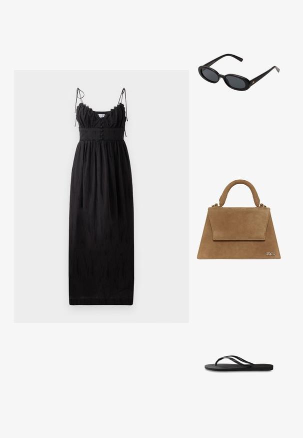 Robe maxi noire avec des fines bretelles réglables, un décolleté froncé et des détails de boutons à la taille. Fabriquée en tissu léger avec une texture subtile.; Tongs noires avec une semelle en caoutchouc texturée, deux fines lanières et un détail de logo embossé subtil sur la lanière.; Lunettes de soleil noires surdimensionnées avec des verres ovoïdes, monture en plastique lisse et accents dorés sur les tempes. Les verres sombres offrent une protection contre le soleil.; Sac à main en daim marron avec une forme triangulaire structurée, une poignée supérieure et un fermoir à rabat. Présente un logo discret sur le côté.