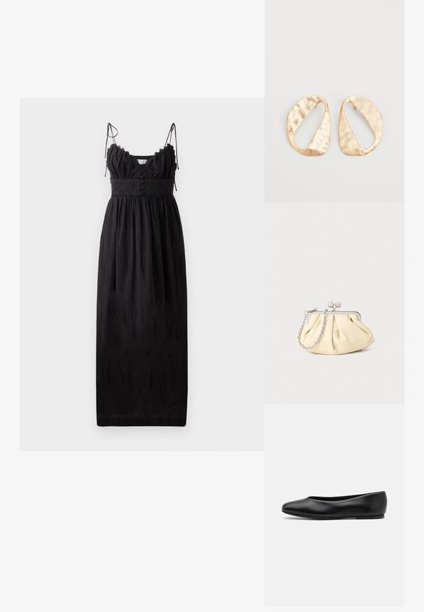 Schwarzes Maxikleid mit dünnen verstellbaren Trägern, gerafftem Ausschnitt und Knopfdetails an der Taille. Aus leichtem Stoff mit subtiler Textur.; Paul Smith TOPANGA - Klassischer Ballerina - black; Faltige beigefarbene Ledertasche mit einem silbernen Metallrahmen, ausgestattet mit zwei runden dekorativen Verschlüssen und einem silbernen Kettenriemen.; Ein Paar unregelmäßige, oval geformte Ohrringe aus goldfarbenem Metall mit einer strukturierten, leicht gehämmerten Oberfläche auf weißem Hintergrund.