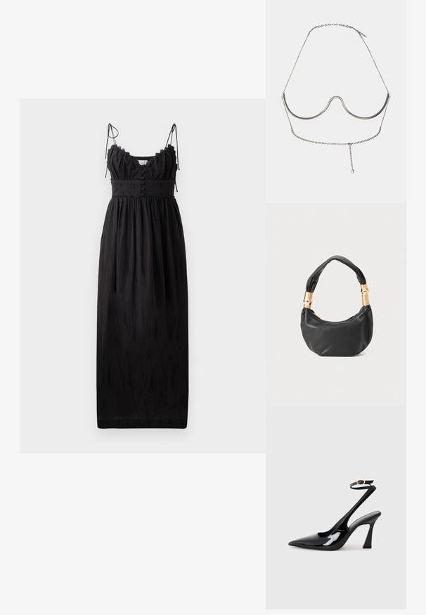 Crna maksi haljina s tankim podesivim trakama, naboranim dekolteom i dugmadi na struku. Izrađena od lagane tkanine s suptilnom teksturom.; Crne lakirane slingback cipele s visokom potpeticom, u obliku špice, s podesivim remenom oko gležnja i umjerenom blok-potpeticom. Glatka tekstura s sjajnim završetkom.; Crna kožna torba s okruglim oblikom, mekim teksturom i čvorastom ručkom s zlatnim metalnim detaljima. Zatvaranje na patentni zatvarač.; Cult Gaia ASHA BODY JEWELRY - Ostali dodaci - bright shiny silver-coloured