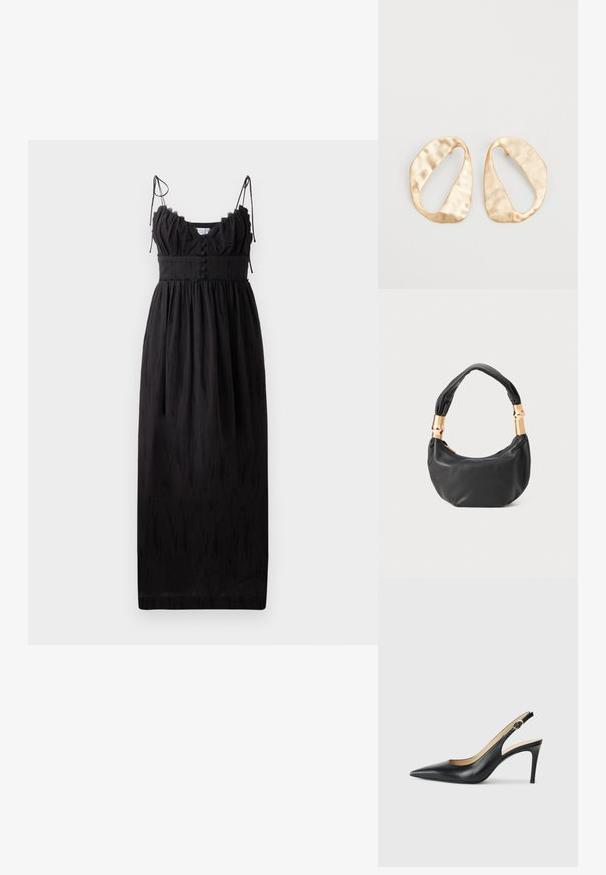 Vestido maxi preto com finas alças ajustáveis, decote em babados e detalhes em botão na cintura. Feito de um tecido leve com uma textura subtil.; Saltos altos slingback em couro preto, com bico fino, tira ajustável e um elegante salto stiletto, apresentando um acabamento suave.; Mala de mão em couro preto com forma redonda, textura suave e alça com nó, apresentando detalhes em metal dourado. Fecho em zíper.; Par de brincos irregulares em forma oval, feitos de metal dourado, com uma superfície texturizada e ligeiramente martelada, sobre um fundo branco.