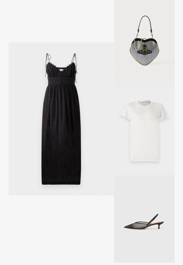 Crna maksi haljina s tankim podesivim trakama, naboranim dekolteom i dugmadi na struku. Izrađena od lagane tkanine s suptilnom teksturom.; Bijela majica kratkih rukava od pamuka s okruglim izrezom i jednostavnim krojem. Oznake unutar ovratnika prikazuju "DESIGNERS REMIX".; NEOUS IRENA - Klasične cipele s visokom petom - black; Ženska torbica u obliku srca, izrađena od mrežastog materijala s metalnim završetkom, s motivima mačke i planeta u plavoj, žutoj i crvenoj boji. Uključuje lanac za nošenje.