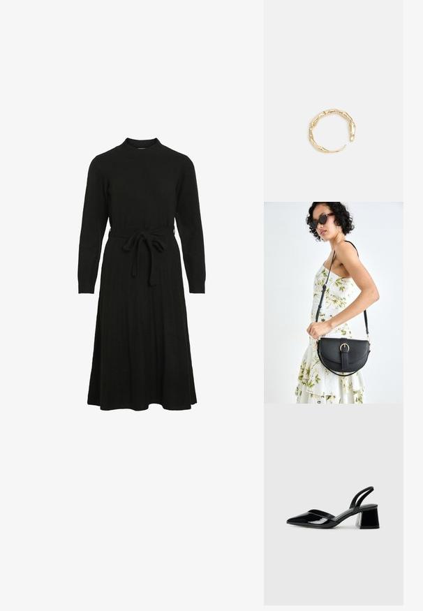 Sort strikket kjole med høj halsudskæring, lange ærmer og et bindebånd i taljen, prydet med en udslået skør og ribbet tekstur.; Sorte patentlæder slingback hæle med spids tå og en geometrisk blok hæl. Har et elegant, minimalistisk design og en glat tekstur.; Sort læderhåndtaske med en buet form, aftagelig rem og guldfinish. Tasken har en klap med en spænde detalje.; Guld-tone ring med et organisk, snoet design, glat overflade og affasede ender, hvilket skaber et moderne, skulpturelt udseende.