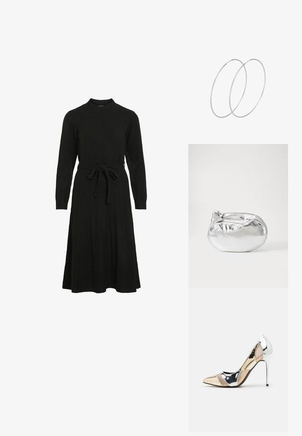 Czarna dzianinowa sukienka z wysokim dekoltem, długimi rękawami i paskiem w talii, z rozszerzanym dołem i ribbową teksturą.; Czółenka na wysokim obcasie z wąskim noskiem w kolorze srebrnym, złotym i nude. Lśniące wykończenie z wycięciami, z obcasem w stylu stiletto.; Srebrna metaliczna torba worek o miękkim, zaokrąglonym kształcie i zawiązywanym z góry zapięciem. Wykonana z gładkiego materiału imitującego skórę.; Srebrne kolczyki w formie obręczy o minimalistycznym designie. Okrągły kształt, gładka faktura i cienki profil. Lekkie, z polerowanym wykończeniem.