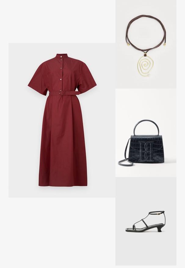 Maroonin puuvillamekko, jossa on lyhyet hihat, korkea kaulus, etupainonappi-kiinnitys ja yhteensopiva vyö vyötäröllä. Mekossa on suora siluetti.; Musta nahkasaapas, jossa on neliön muotoinen kärki, ohuet hihnat, säädettävä nilkkahihna ja matala korko. Hihnassa on pieni kultainen yksityiskohta.; Musta krokotiilivoimalla painettu nahkakäsilaukku, jossa on jämäkkä muotoilu, yläkahva, säädettävä hihna ja erottuva etuosan logoyksityiskohta.; Kultainen spiraalipendantti, jossa on valkoinen helmi ruskeassa nahkanauhassa. Pendanteissa on sileitä, virtaavia linjoja ja metallisia yksityiskohtia.