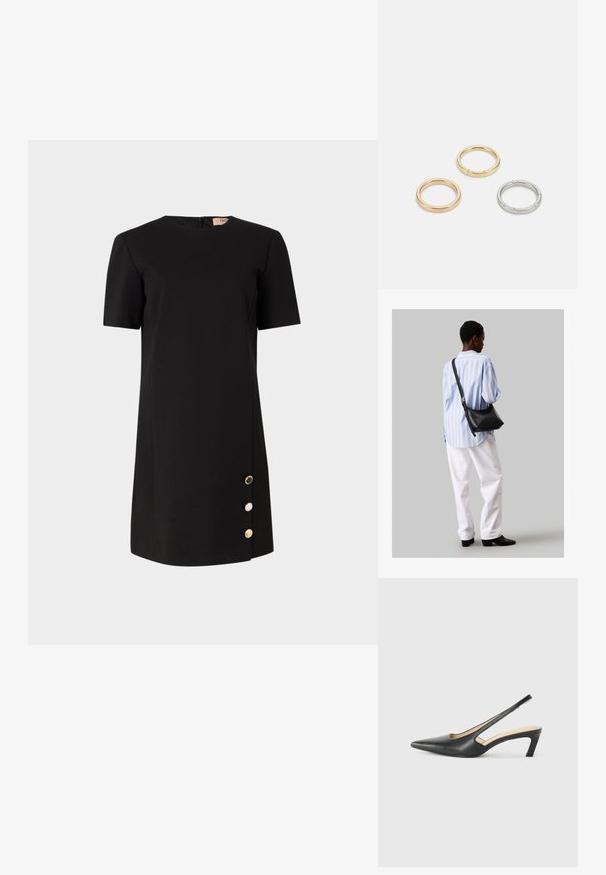 Μαύρο φόρεμα κοντό μανίκι από λείο ύφασμα, με στρογγυλή λαιμόκοψη και διακοσμητικά χρυσά κουμπιά στην αριστερή πλευρά.; Μαύρο παπούτσι slingback με αιχμηρή μύτη και χαμηλό τακούνι, κατασκευασμένο από λείο δέρμα με σχέδιο κοπής στη πλευρά για αερισμό.; Μαύρη δερμάτινη τσάντα ώμου με απαλή υφή, τριγωνικό σχήμα και ρυθμιζόμενο λουρί, συνδυασμένη με ένα ανοιχτό μπλε ριγέ πουκάμισο και λευκό παντελόνι.; Τρία μεταλλικά δαχτυλίδια: ένα ροζ χρυσό, ένα χρυσό με υφές και ένα ασημένιο, όλα με εγχαραγμένο λογότυπο στην εσωτερική πλευρά.