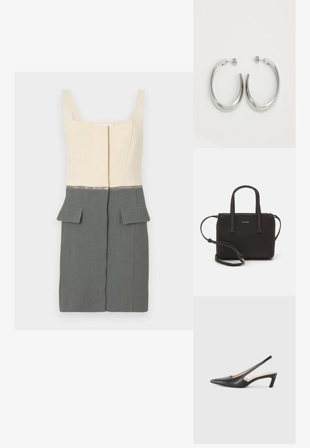 Dvoubarevné šaty s krémovou horní částí a šedou dolní částí. Obsahují vertikální švy, centrální zip a dvě přední našité kapsy.; Černý špičatý slingback s nízkým podpatkem, vyrobený z hladké kůže, s výřezem na boku pro lepší prodyšnost.; Černá kabelka s dvojitými krátkými uchy a odnímatelným ramenním popruhem. Hladký koženkový materiál s uzávěrem na zip a detailem loga.; Stříbrné kruhové náušnice s hladkým, zakřiveným designem. Vyznačují se lesklým kovovým povrchem a zapínáním na patent. Žádné viditelné vzory nebo akcenty.