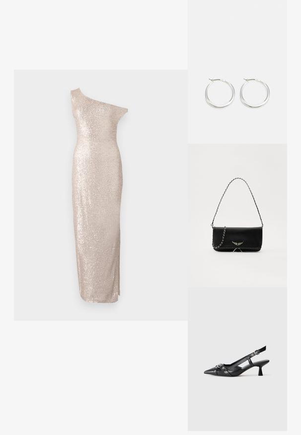 Knee-length haljina s jednim ramenom u svijetlo bež boji, s prilagođenim siluetom, koja ima svjetlucavu teksturu i elegantan, ravno krojeni dizajn.; Crne kožne cipele s remenom oko pete, s izduženim vrhom, dekorativnim trakama s metalnim rupama i niskom blok petom. Teksturirana površina.; Crna kožna torba s srebrnim lanac strapom, s dekorativnim krilnim naglascima i bijelim šavovima duž donjeg šava.; Srebrne okrugle naušnice imaju glatki, zaobljeni dizajn s tankim profilom i sigurnim zatvaračem. Minimalistički stil s sjajnom završnom obradom.