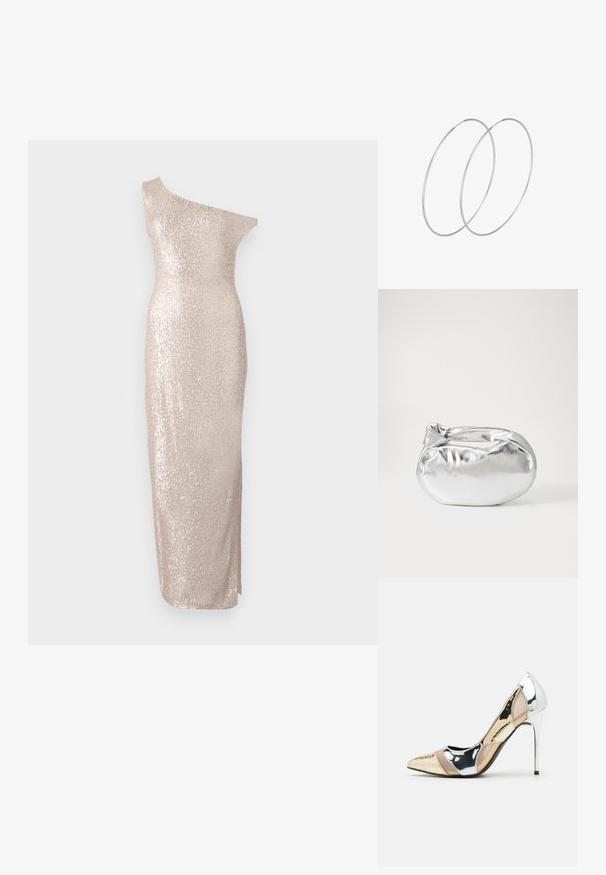 Sukienka do kolan na jedno ramię w jasnym beżu z dopasowanym krojem, o fakturze wyszywanej cekinami i gładkim, prostym fasonie.; Czółenka na wysokim obcasie z wąskim noskiem w kolorze srebrnym, złotym i nude. Lśniące wykończenie z wycięciami, z obcasem w stylu stiletto.; Srebrna metaliczna torba worek o miękkim, zaokrąglonym kształcie i zawiązywanym z góry zapięciem. Wykonana z gładkiego materiału imitującego skórę.; Srebrne kolczyki w formie obręczy o minimalistycznym designie. Okrągły kształt, gładka faktura i cienki profil. Lekkie, z polerowanym wykończeniem.