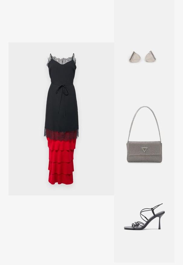 Melnas kleitas ar mežģīņu apdari ap kaklu un slāņotu sarkanu kroku svārku. Iespējams, tās ir plānas siksniņas un jostu detaļa.; Melnas augstpapēžu sandales ar plāniem siksniņām un mezgla dizainu, gluda kvadrātveida purngalu un elegantu stiletto papēdi.; Gaiši pelēka metāla rokassoma ar ķēdes siksnu, rotāta ar mazām apaļām metāla kniedēm un trīsstūra zīmola logo.; Sudraba metāla auskari ar gludu, asarveida formu un pulētu apdari. Smalkas gravējumi pievieno detalizāciju. Minimālisma dizains.