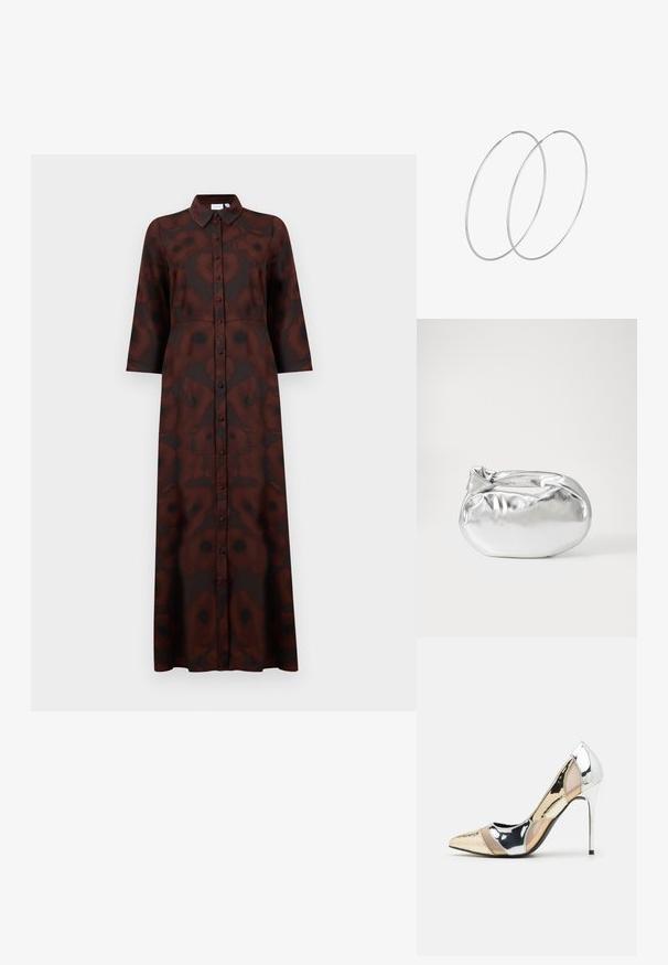 Dlouhé šaty s rozepínáním, ve tmavě hnědém a černém abstraktním květinovém vzoru, dlouhými rukávy a špičatým límcem.; Lodička s špičatou špičkou a kombinací stříbrné, zlaté a tělové barvy. Lesklý povrch s vykrojeným designem, s jehlovým podpatkem.; Stříbrná kovová taška s měkkým, zaobleným tvarem a uzávěrem s uzlem. Vyrobena z hladké umělé kůže.; Stříbrné kruhové náušnice s minimalistickým designem. Kruh, hladký povrch a tenký profil. Lehká konstrukce s lesklým povrchem.