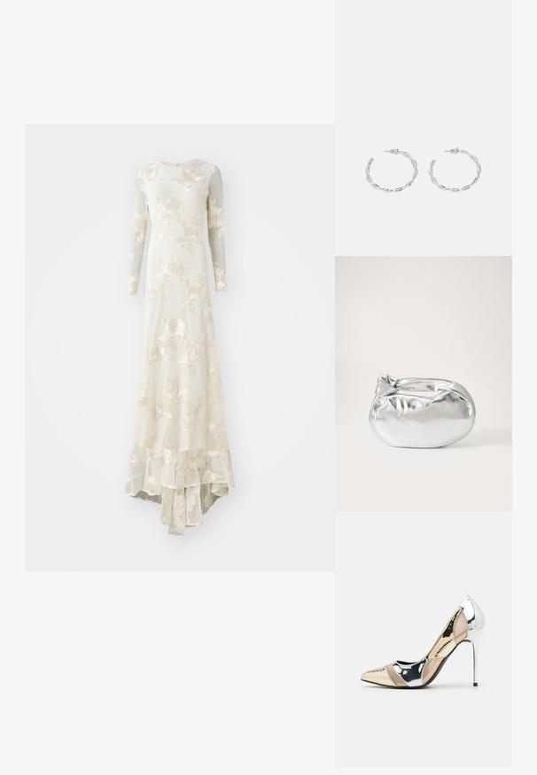 YAS YASFLOREE TRAIN DRESS - Îmbrăcăminte de ocazie - gardenia; Pantof cu toc înalt și vârf ascuțit, cu o schemă de culori argintii, aurii și nude. Finisaj lucios cu un design decupat, având un toc stiletto.; Pouch bag metalizat argintiu, cu o formă moale și rotunjită și un închidere de tip nod la partea de sus. Fabricat dintr-un material sintetic din piele netedă.; Cercei din argint cu un design torsadat, având un finisaj lucios și închidere cu tijă. Au un diametru de aproximativ 3 cm.