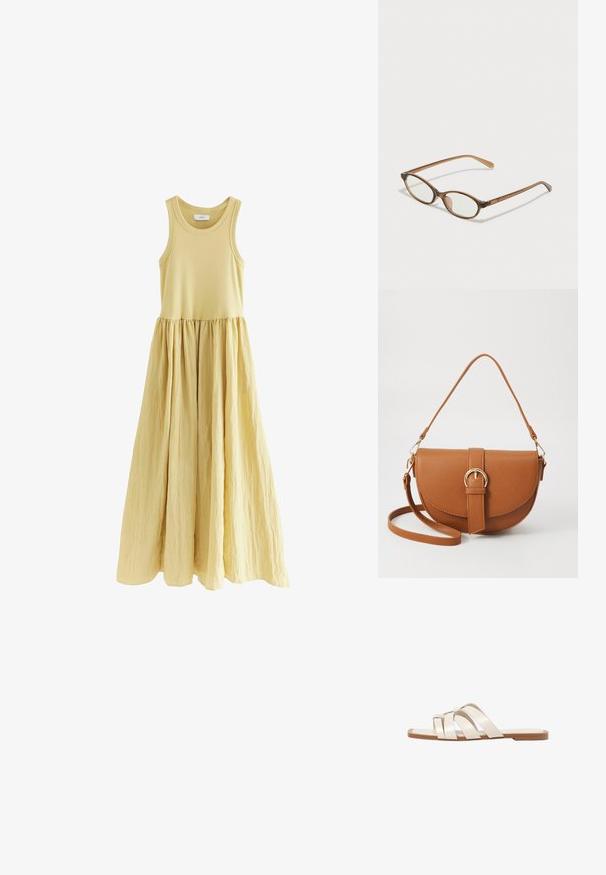 Ærmeløs maxikjole i blød gul. Tætsiddende top med A-formet, krøllet skørt. Glat stoftekstur med en veldefineret talje.; Flade sandaler med en lys gummisål, designet med tre overlappende hvide læderremme og en lille sløjfe detalje i midten.; Brune skildpaddemønstrede briller med ovale linser, tynde arme og gennemsigtige accenter. Har et diskret logo på stangen. Slankt, let design.; Brun læder crossbody taske med en buet form, guldfarvet hardware og en spændeaccent. Har en aftagelig skulderrem.