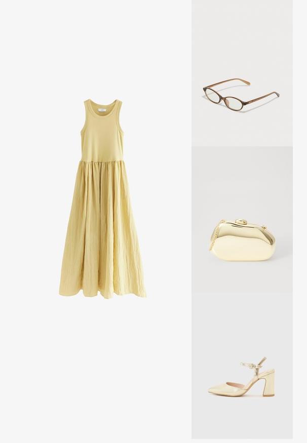 Kätev maxi kleit pehmes kollases toonis. Üksikutega ülemine osa, A-liini, kortsus seelik. Sile kangas tekstuuriga ja määratletud vöökohaga.; Kuldmetallist kontsaking, millel on terav nina, ankle strap ringikujulise lukuga ja paksem kontsadisain. Sile tekstuur.; Pruunid kilpkonnaläätsed ovaalsete objektiividega, õhukesed kaared ja läbipaistvad aktsendid. Templi peal on peene logoga. Sujuv, kergesti kandmiseks mõeldud disain.; Kuldne metallist käekott sujuva, ümarate kujude ning ülemise nupuvajutusega kinnitusega. Koti küljes on väike kett, et oleks mugav kanda.