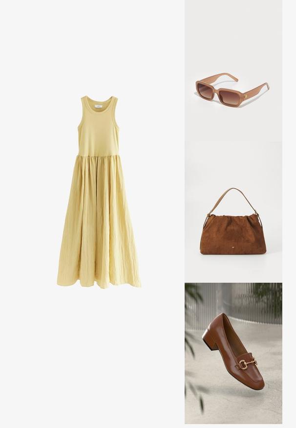 Bezramenné maxi šaty v jemné žluté barvě. Přiléhavý vršek s A-čkovou, zmačkanou sukní. Hladká textura látky s definovaným pasem.; Hnědé lakované kožené mokasíny se čtveratou špičkou, kovovým řetízkovým akcentem a nízkým blokovým podpatkem; hladká textura, minimalistický design.; Hnědé obdélníkové sluneční brýle s gradientovými skly, silnými rámy a logem na bocích. Hladký plastový materiál, minimalistický design.; Hnědá semišová kabelka se skládáním, s jedním světlým koženým popruhem a decentním zlatým logem na přední straně.