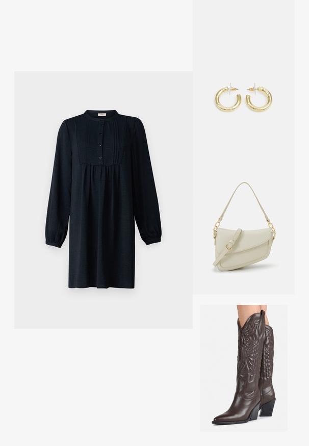 Tumši zilā kleita ar apaļu apvalku, pogu aizdari, garām pupas piedurknēm un strukturētu audumu. Ieklājusi vertikālas plises un brīvu piegriezumu.; Brūni ādas kovboju zābaki ar norādītu purngalu un blokveida papēdi, ar detalizētu šūšanu un paceltiem akcentiem uz kājas daļas.; Maza krēmkrāsas rokas soma ar teksturētu apdari, garu regulējamu siksniņu, ķēdes akcentu un vāciņa aizdari. Zelta aparatūras detaļas.; Zelta auskari ar gludu, spīdīgu apdari. Apaļš dizains, kas ietver mazu tapu un caurspīdīgu pamatni drošai valkāšanai.