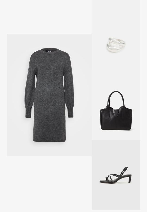 Pilkos megztos suknelės ilgomis, apimties rankovėmis ir apvaliu kaklu. Minkšta tekstūra ir laisvas siluetas. Nėra matomų raštų ar dekoracijų.; Juodi šlepetės su kvadratiniu pirštu ir žemu bloku kulnu. Yra keli ploni dirželiai ir reguliuojamas kulkšnies diržas. Pagaminti iš lygios odos.; Juodas odinis nešiojamas krepšys su lygiu paviršiumi, struktūrine forma, dviem rankenėlėmis ir ryškiu sidabriniu sagties akcentu priekyje.; Sidabrinis dvigubas žiedas su lygiu, poliruotu paviršiumi. Pasižymi sklandžiu, kreiptu dizainu su persipinančiomis dalimis, suteikiančiomis modernų išvaizdą.