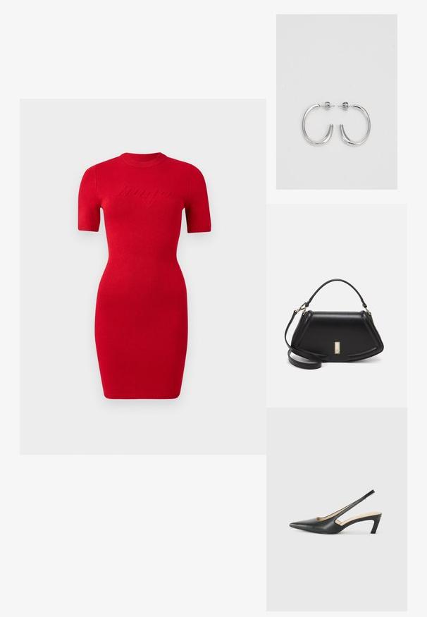 Crvena pletena haljina s kratkim rukavima, uskog kroja i okruglim izrezom. Ima uzdignuti tekst "bango" na prednjoj strani.; Crne cipele s izduženim vrhom i remenom oko pete, s niskom petom, izrađene od glatke kože i s izrezbarenom stranom radi prozračnosti.; Crna kožna torba s strukturiranim dizajnom, s krojenim oblikom, gornjom drškom i zlatnim detaljima. Uključena je podesiva ramena traka.; Srebro naušnice u obliku prstena s glatkom, sjajnom završnom obradom. Zaobljenog oblika, laganog dizajna, s kopčom na poleđini.